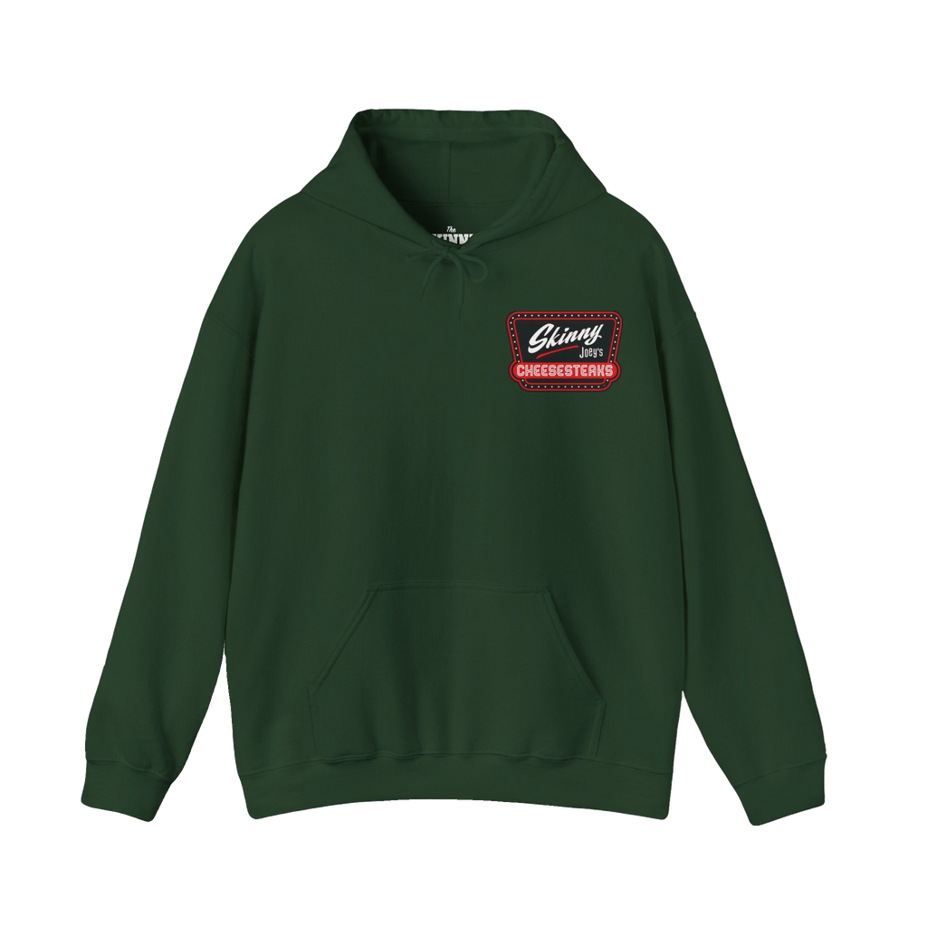 Skinny Joey's Cheesesteaks logo hoodie in forest green, The Skinny Podcast with Joey Merlino & Lil Snuff merch