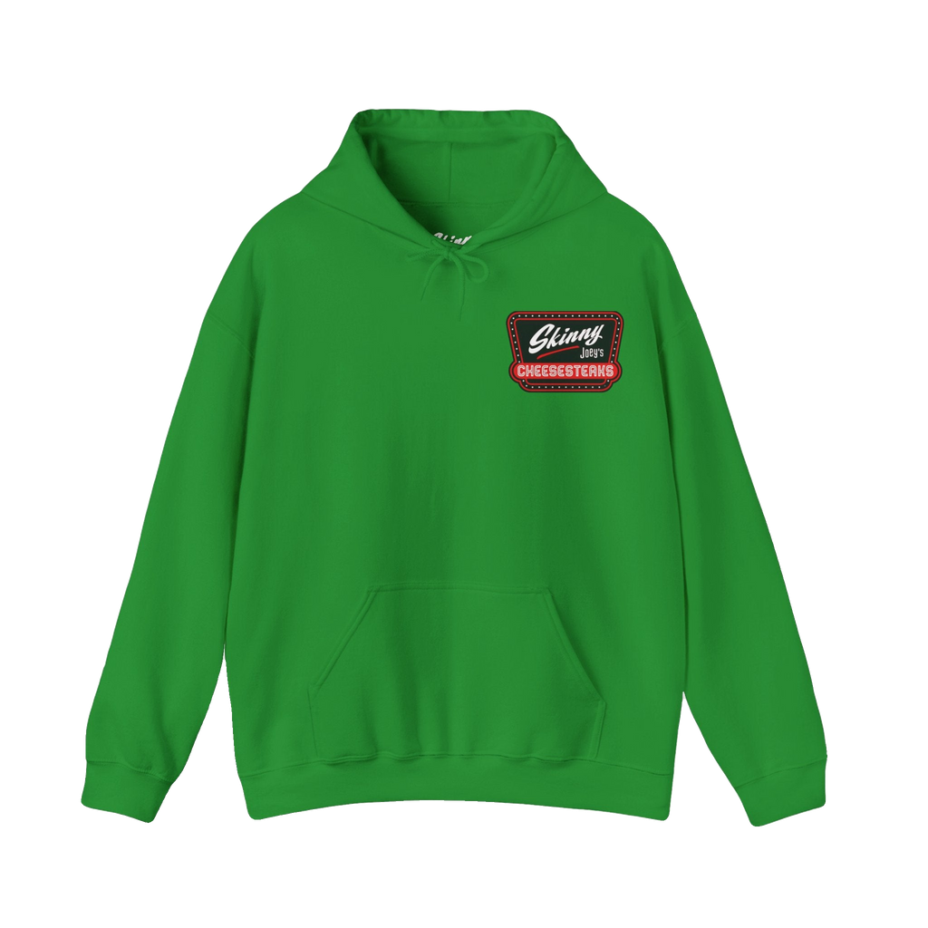 Skinny Joey's Cheesesteaks logo hoodie in Irish green, Philadelphia streetwear
