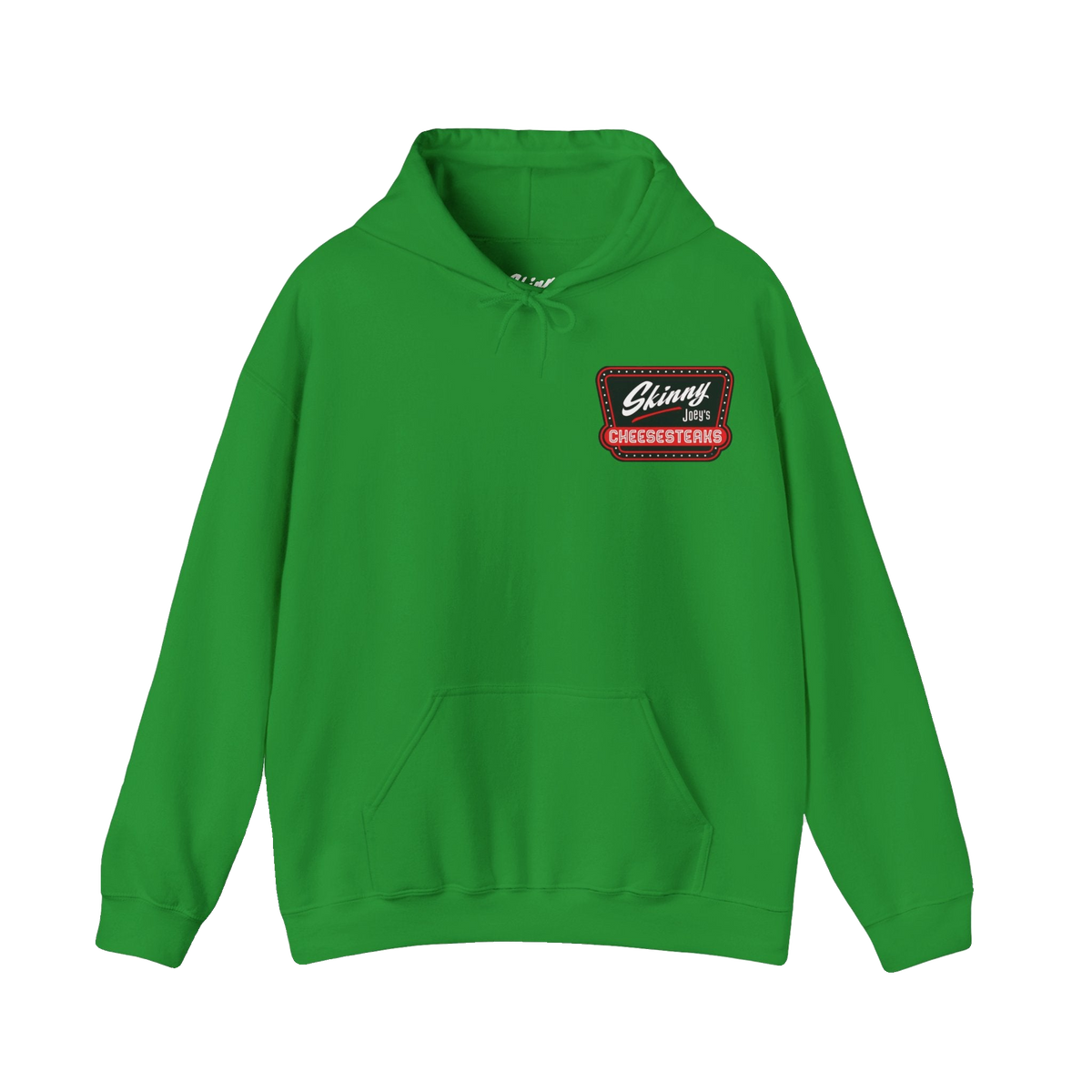 Skinny Joey's Cheesesteaks logo hoodie in Irish green, Philadelphia streetwear
