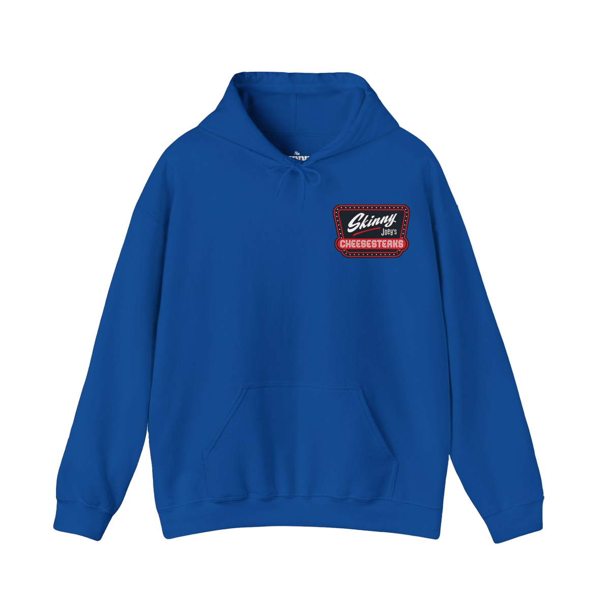 Skinny Joey's Cheesesteaks logo hoodie in royal blue, The Skinny Podcast with Joey Merlino & Lil Snuff merch