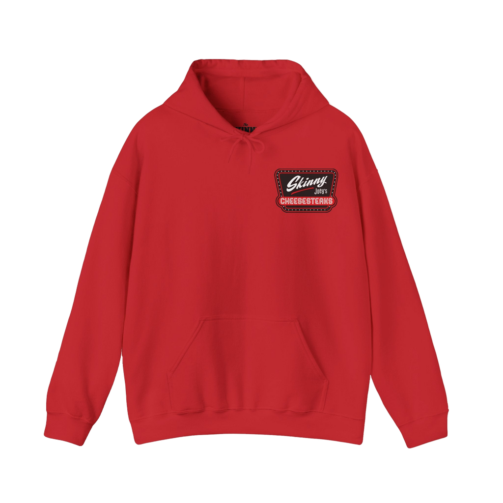 Skinny Joey's Cheesesteaks logo hoodie in red, The Skinny with Joey Merlino podcast merch