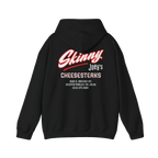 Skinny Joey's Cheesesteaks logo hoodie in black, back view, Philly culture apparel