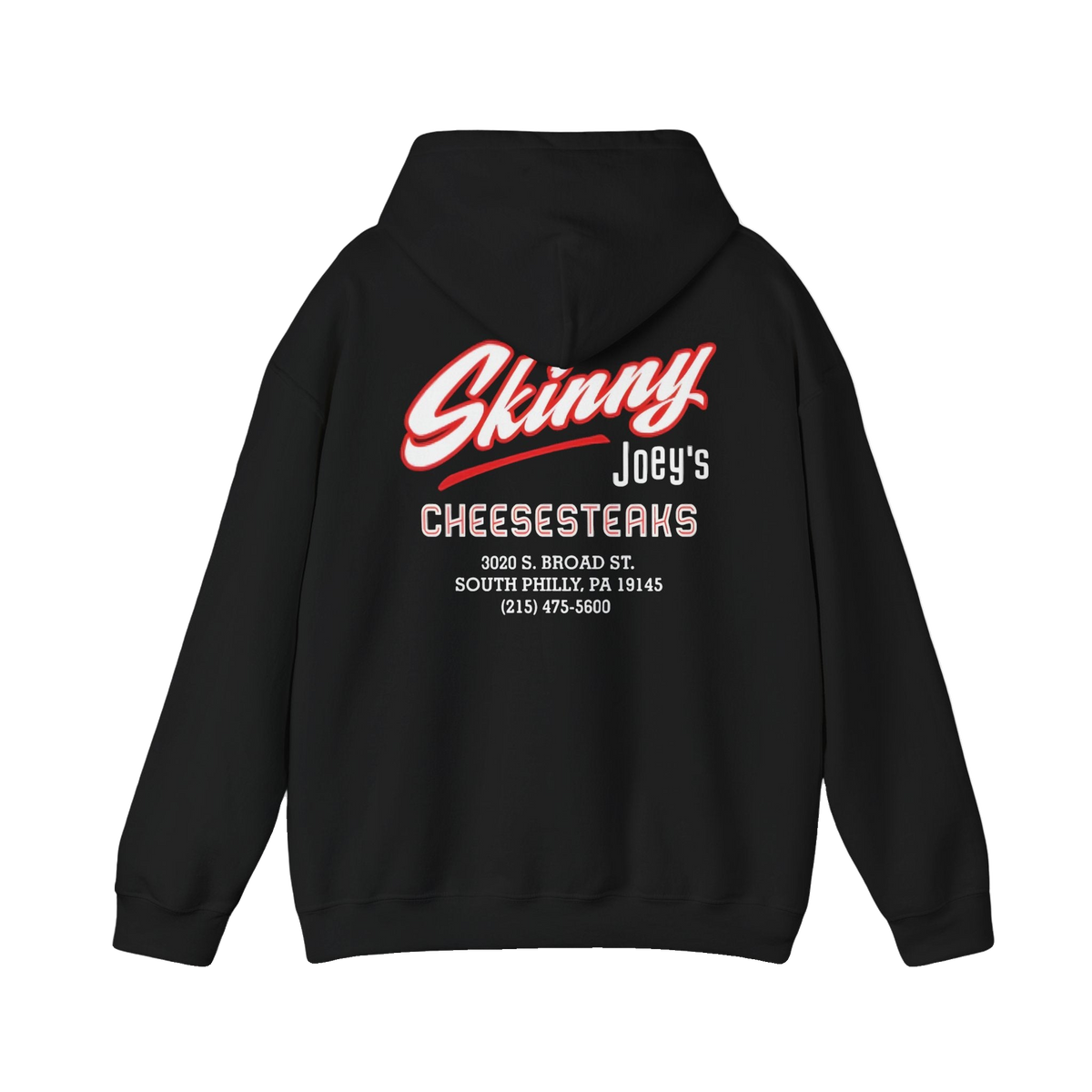 Skinny Joey's Cheesesteaks logo hoodie in black, back view, Philly culture apparel
