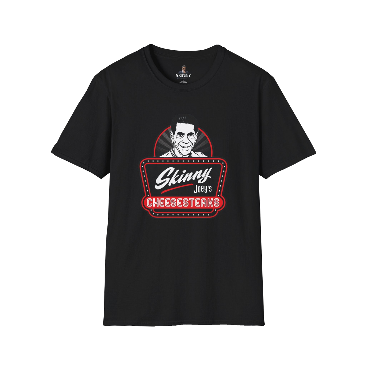 Skinny Joey's Cheesesteaks graphic tee in black, Philly culture apparel