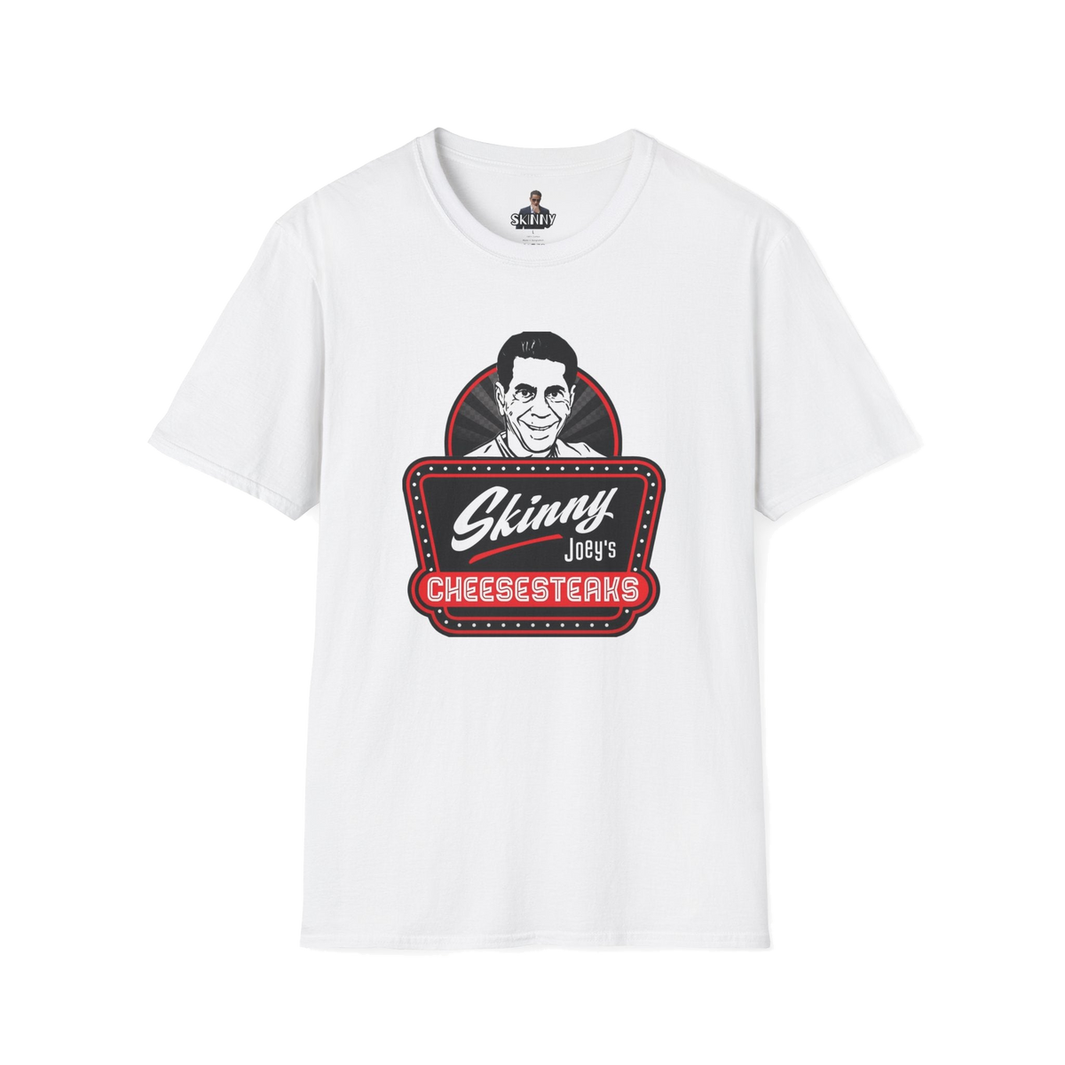 Skinny Joey's Cheesesteaks graphic tee in white, The Skinny Podcast with Joey Merlino & Lil Snuff merch
