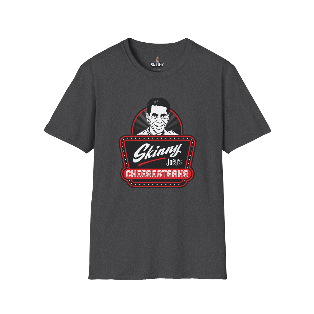 Skinny Joey's Cheesesteaks graphic tee in dark heather gray, Philadelphia streetwear