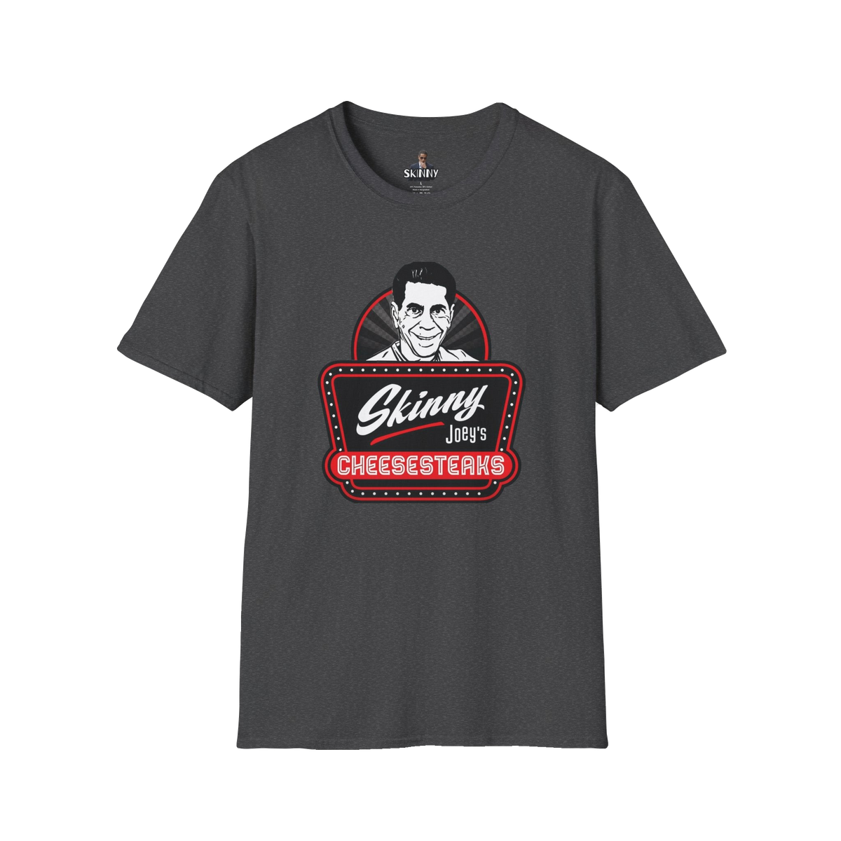 Skinny Joey's Cheesesteaks graphic tee in dark heather gray, Philadelphia streetwear