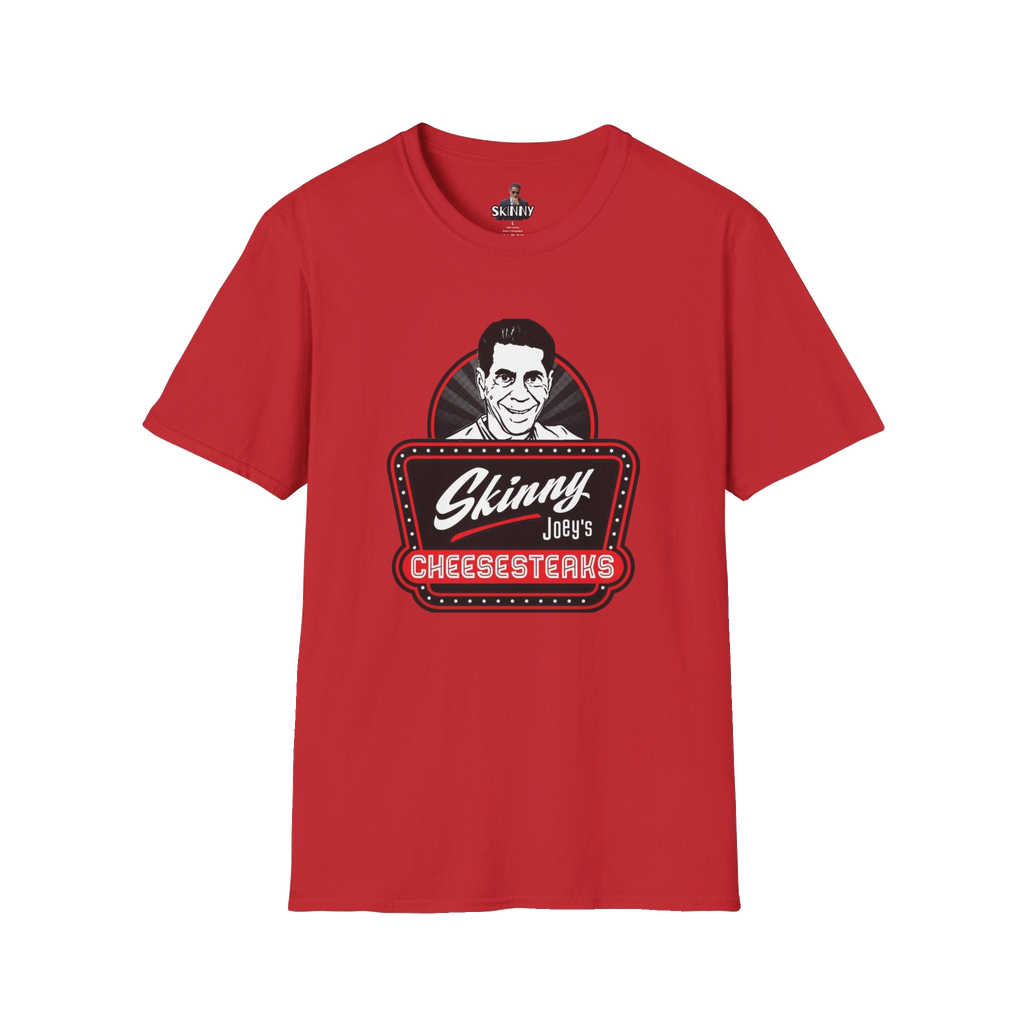 Skinny Joey's Cheesesteaks graphic tee in red, The Skinny with Joey Merlino podcast merch