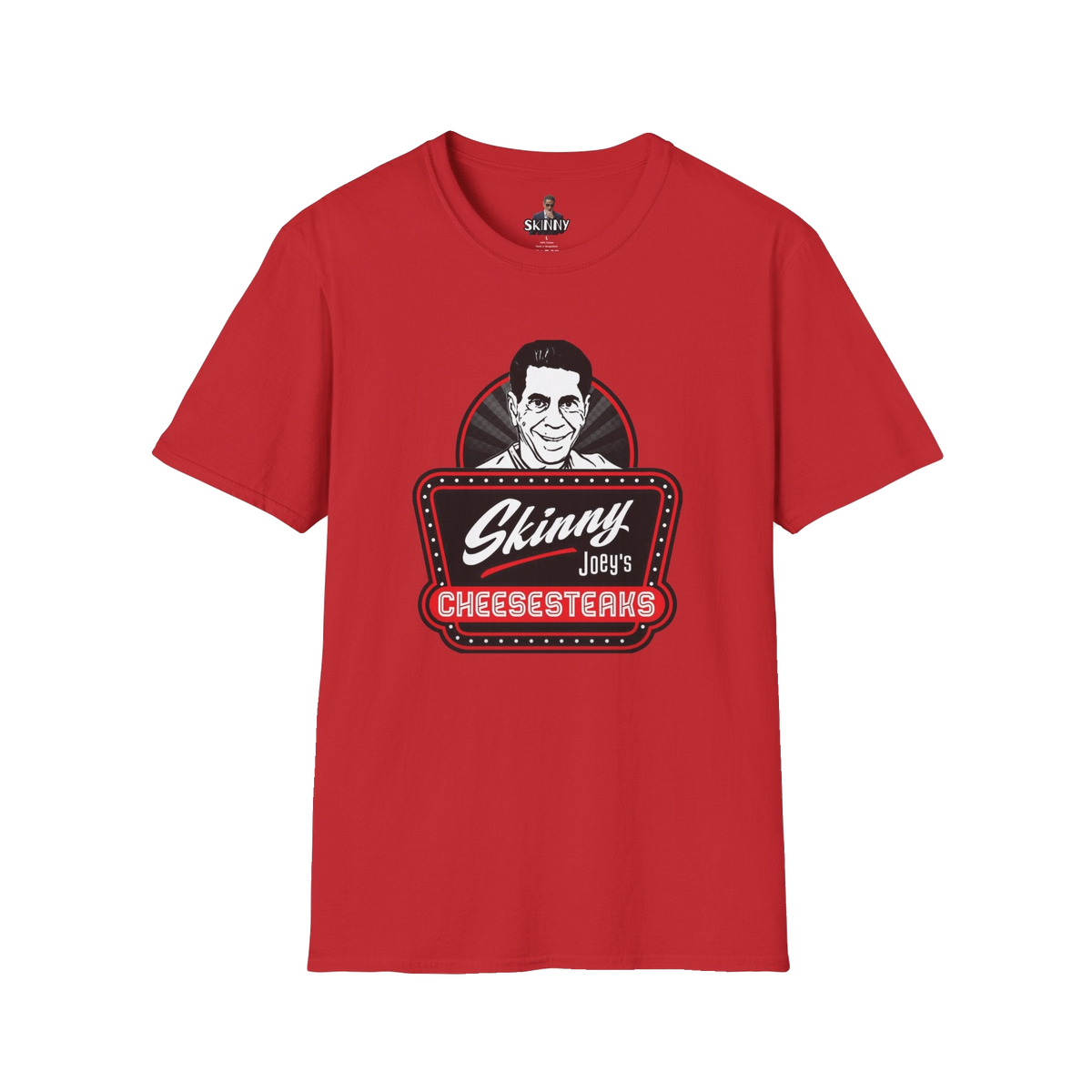 Skinny Joey's Cheesesteaks graphic tee in red, The Skinny with Joey Merlino podcast merch