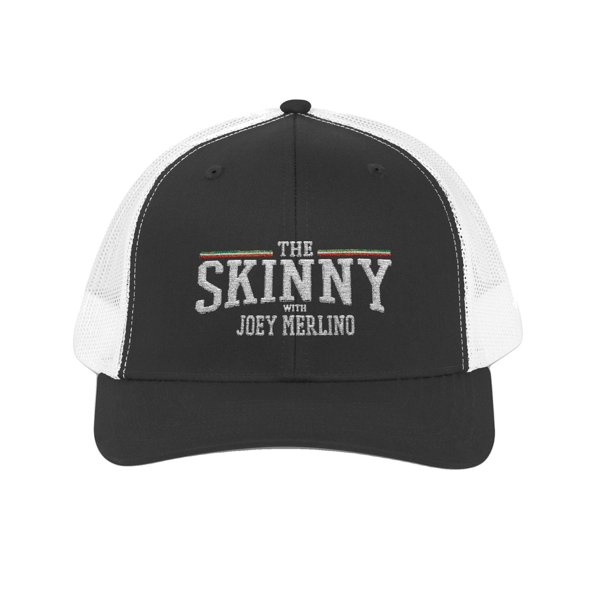 Joey Merlino mesh trucker hat in black and white, The Skinny with Joey Merlino podcast merch