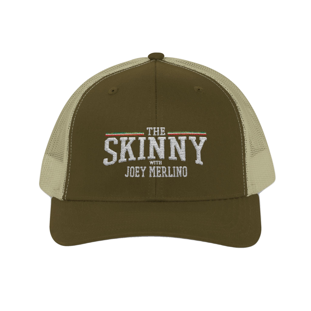 Joey Merlino mesh trucker hat in moss and khaki, The Skinny Podcast with Joey Merlino & Lil Snuff merch