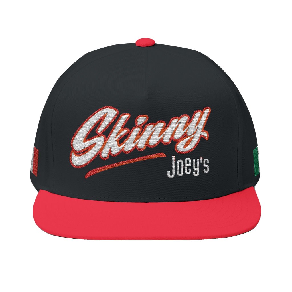 Skinny Joey's Italian edition flat bill cap in black and red, Italian American pride apparel