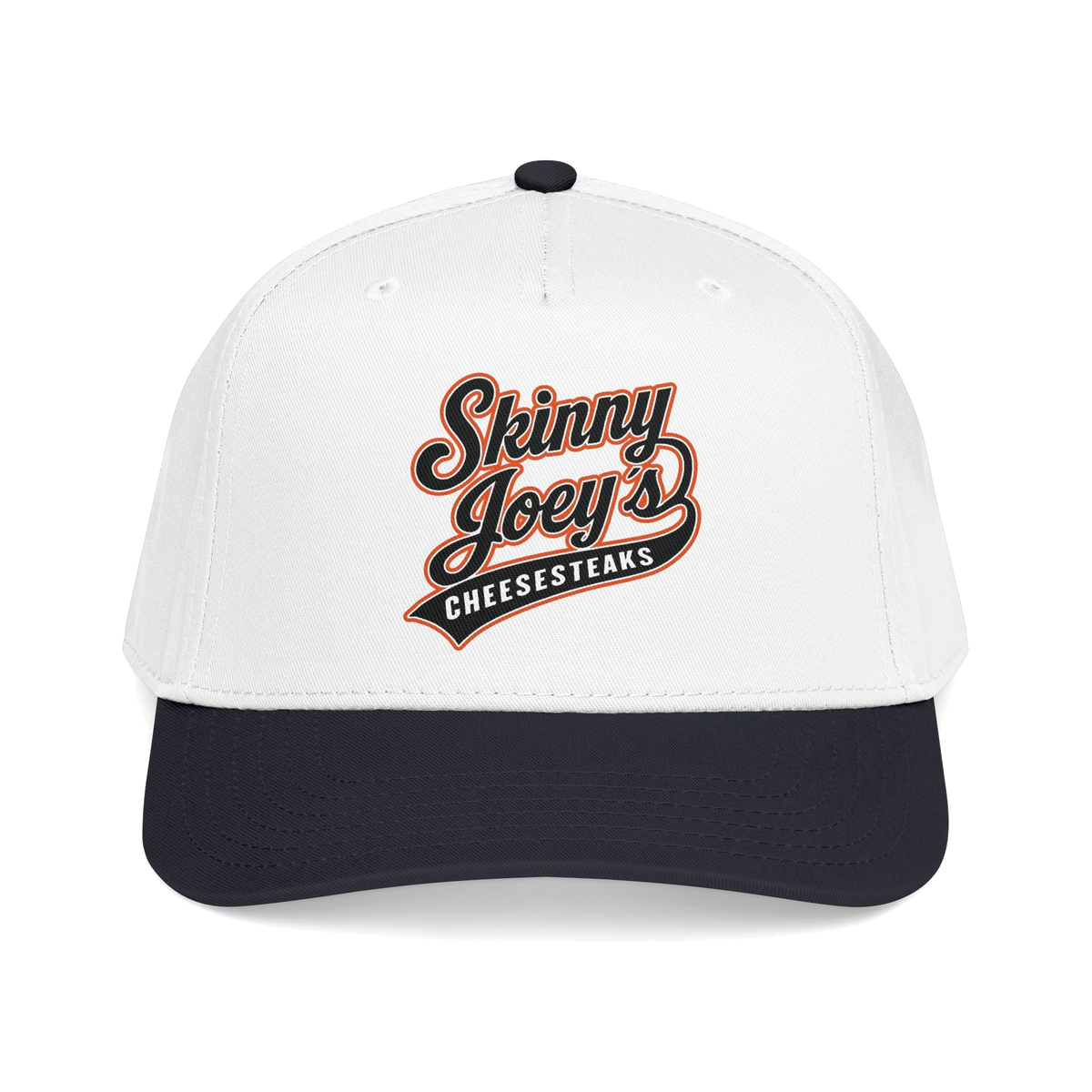 We Can Go Anywhere softball hat in black and white, Skinny Joey's Cheesesteaks apparel