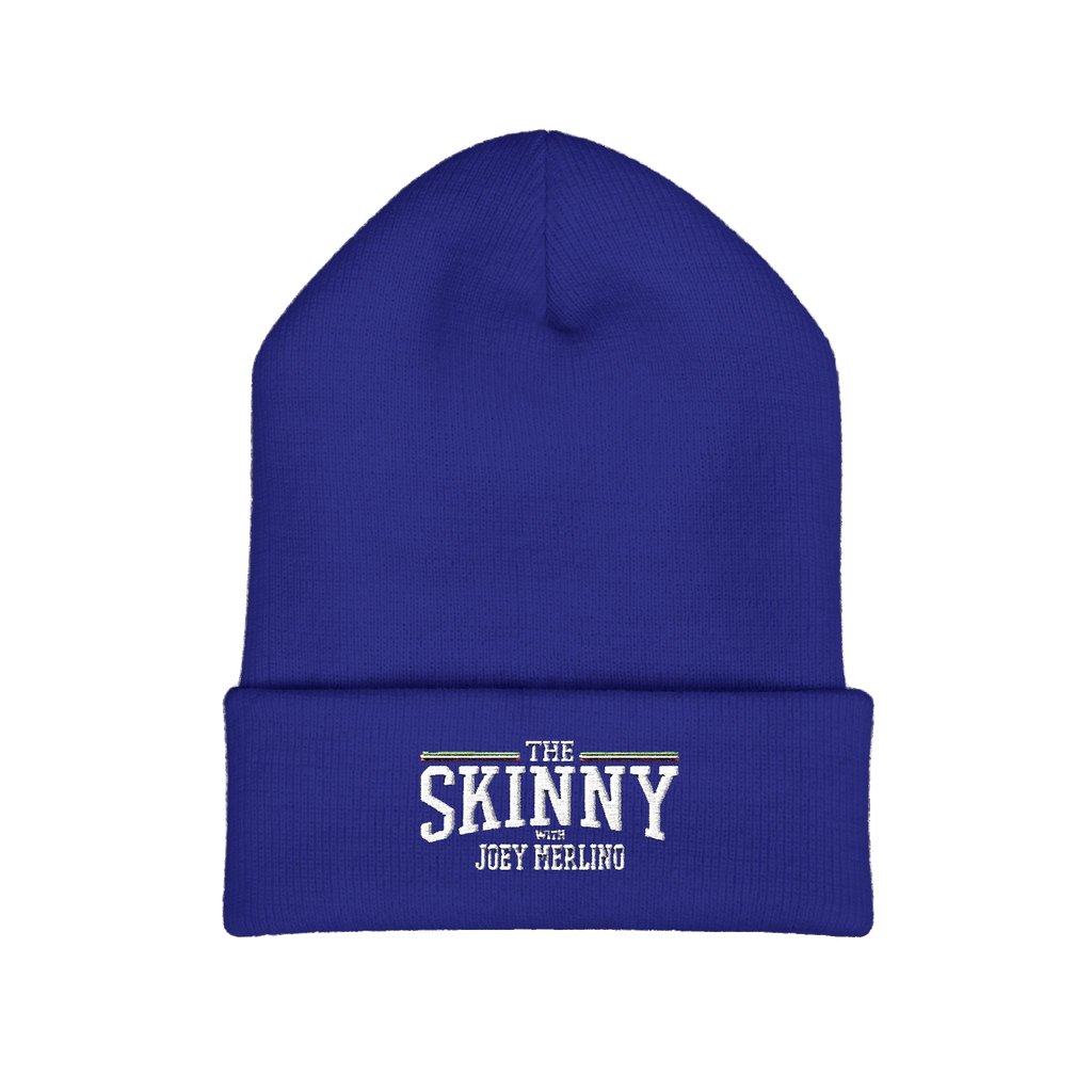 The Skinny embroidered cuffed beanie in royal blue, The Skinny with Joey Merlino podcast merch
