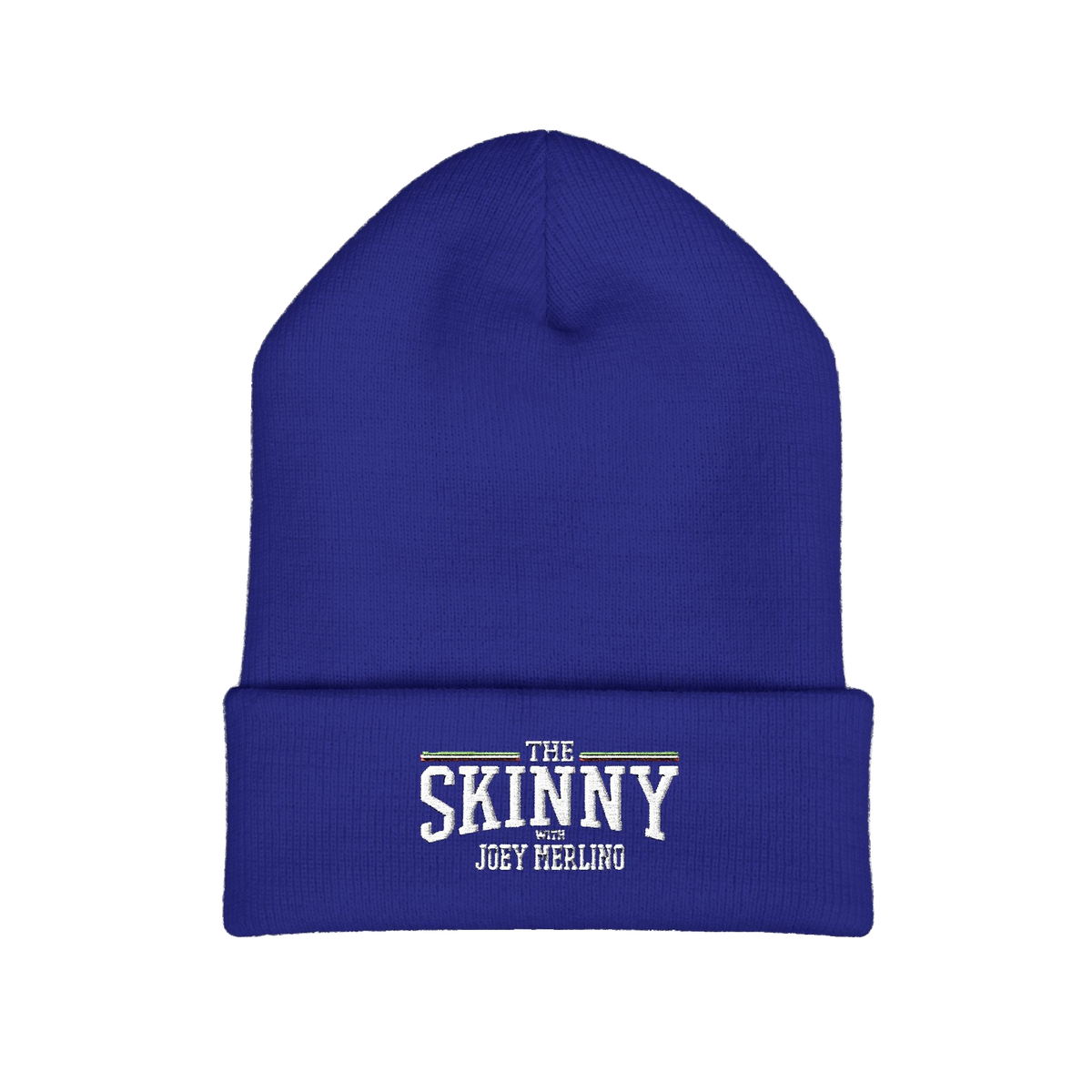 The Skinny embroidered cuffed beanie in royal blue, The Skinny with Joey Merlino podcast merch
