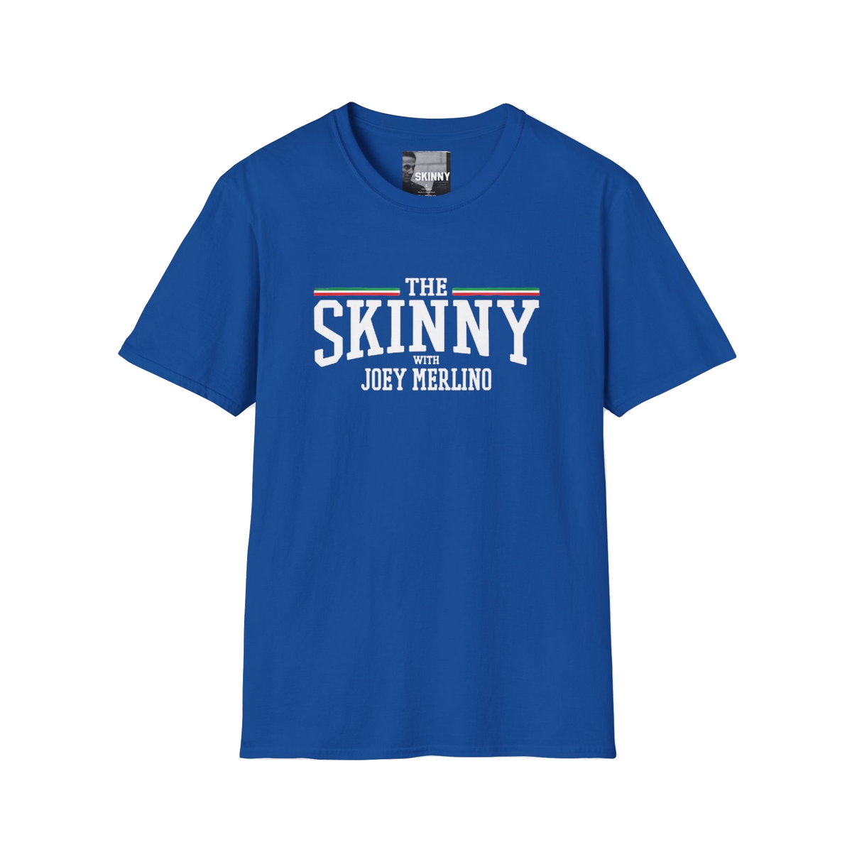 The Skinny with Joey Merlino swag tee in royal blue, Philadelphia streetwear