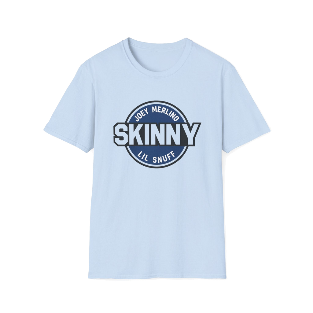 Skinny Podcast logo graphic tee in light blue, The Skinny Podcast with Joey Merlino & Lil Snuff merch