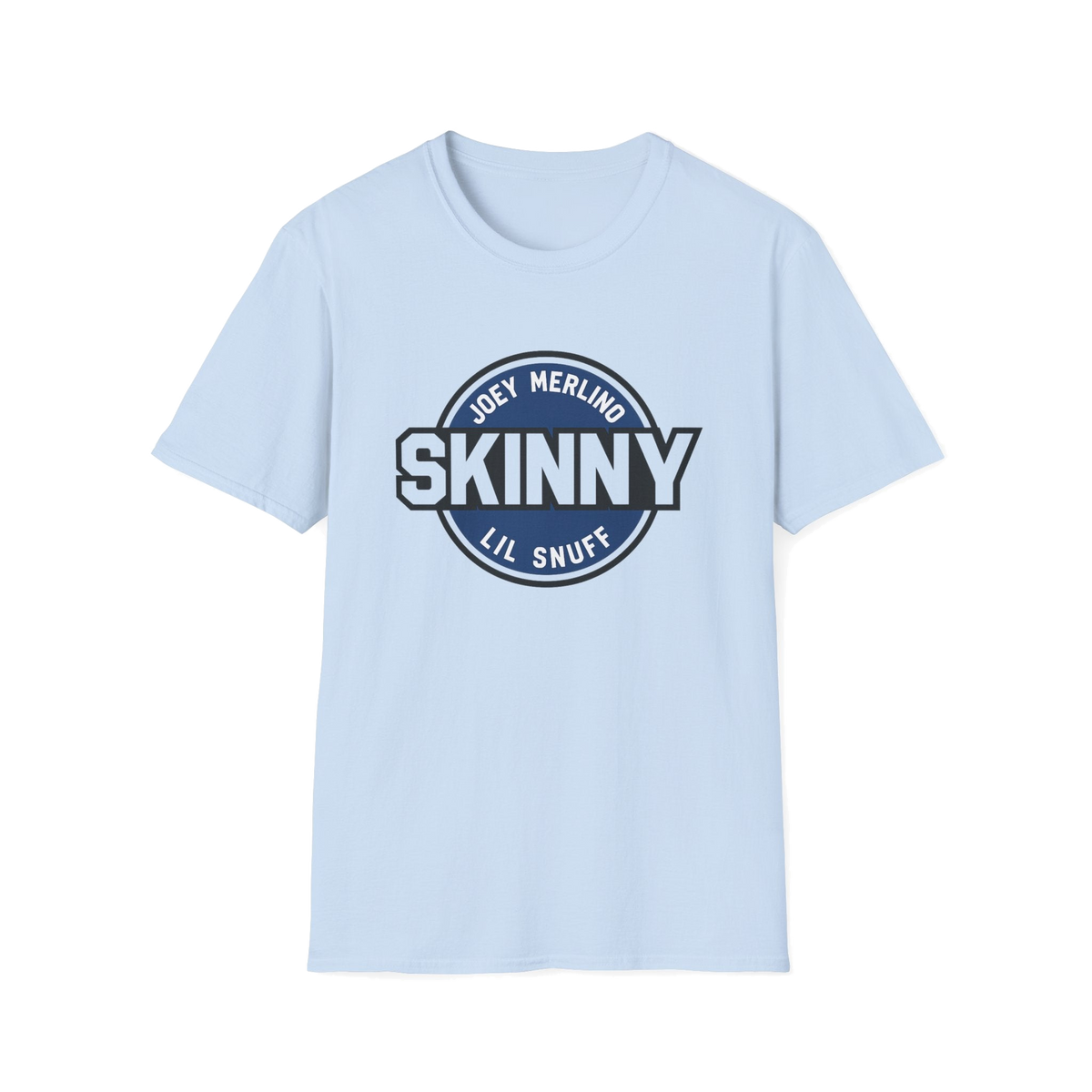 Skinny Podcast logo graphic tee in light blue, The Skinny Podcast with Joey Merlino & Lil Snuff merch