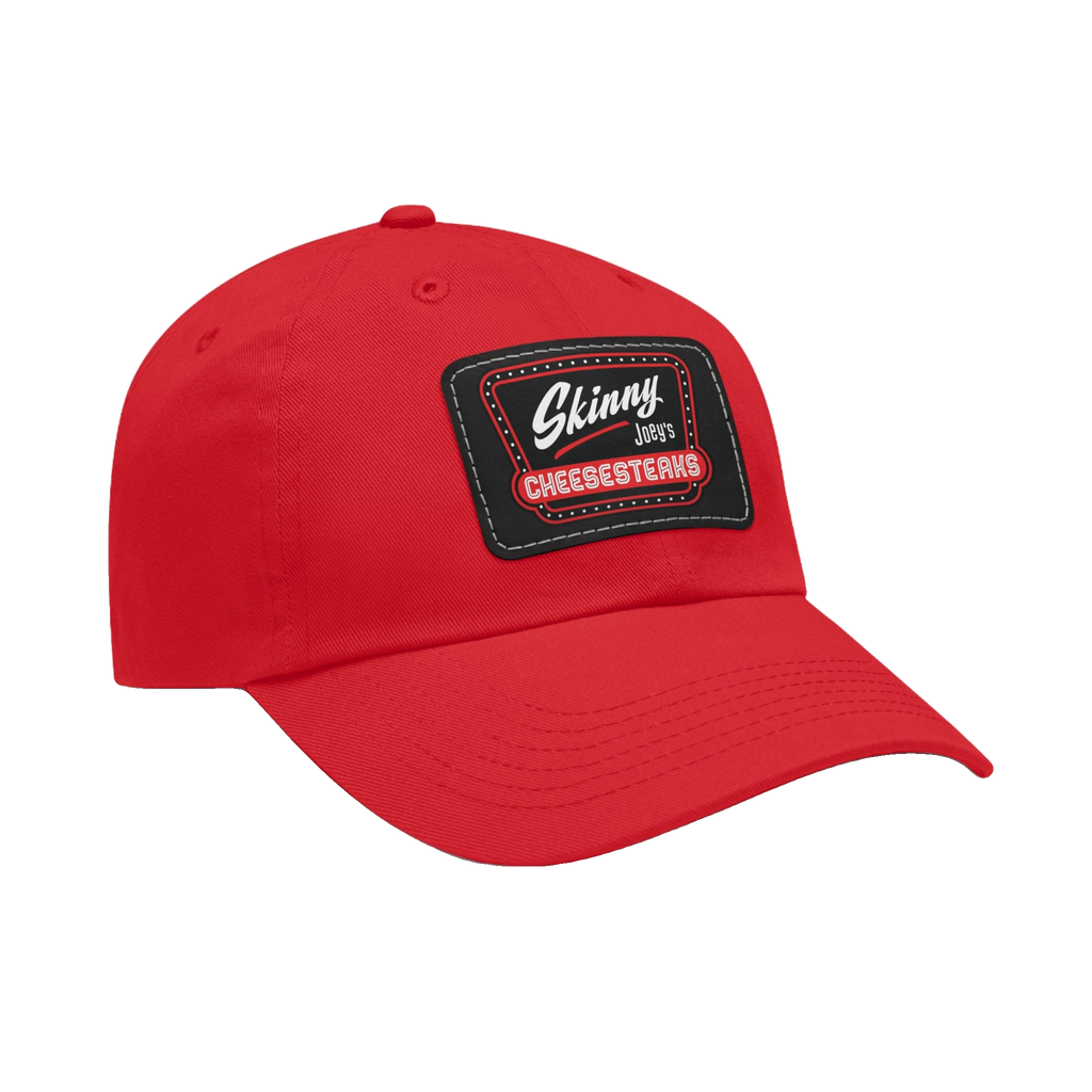 Skinny Joey leather patch dad hat in red and black patch, Philly culture apparel