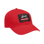 Skinny Joey leather patch dad hat in red and black patch, Philly culture apparel