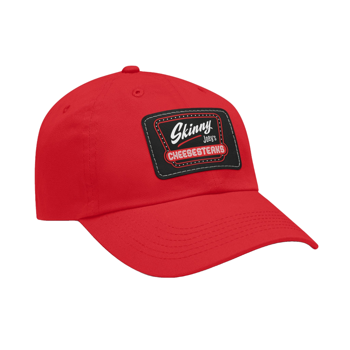 Skinny Joey leather patch dad hat in red and black patch, Philly culture apparel
