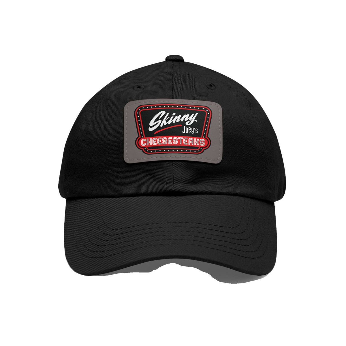 Skinny Joey leather patch dad hat in black and grey patch, The Skinny Podcast with Joey Merlino & Lil Snuff merch