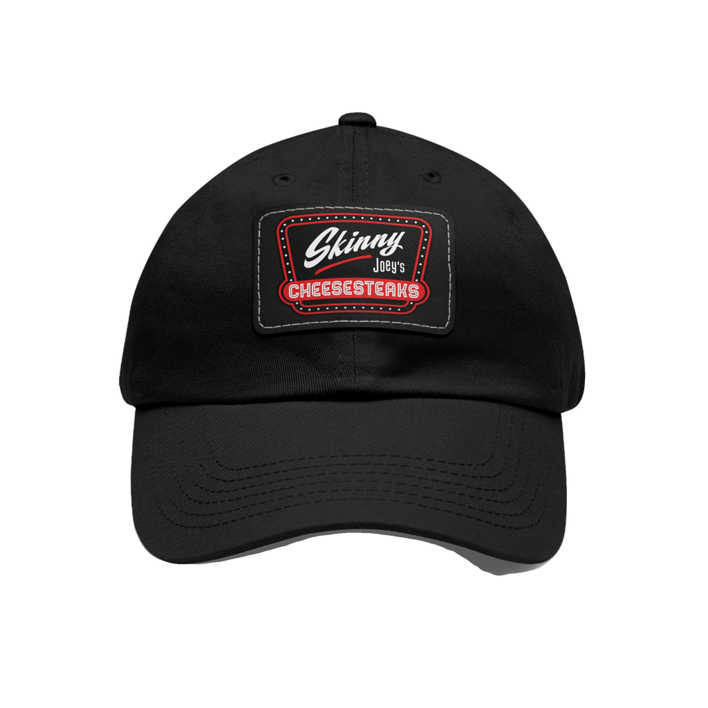 Skinny Joey leather patch dad hat in black and black patch, Skinny Joey's Cheesesteaks apparel