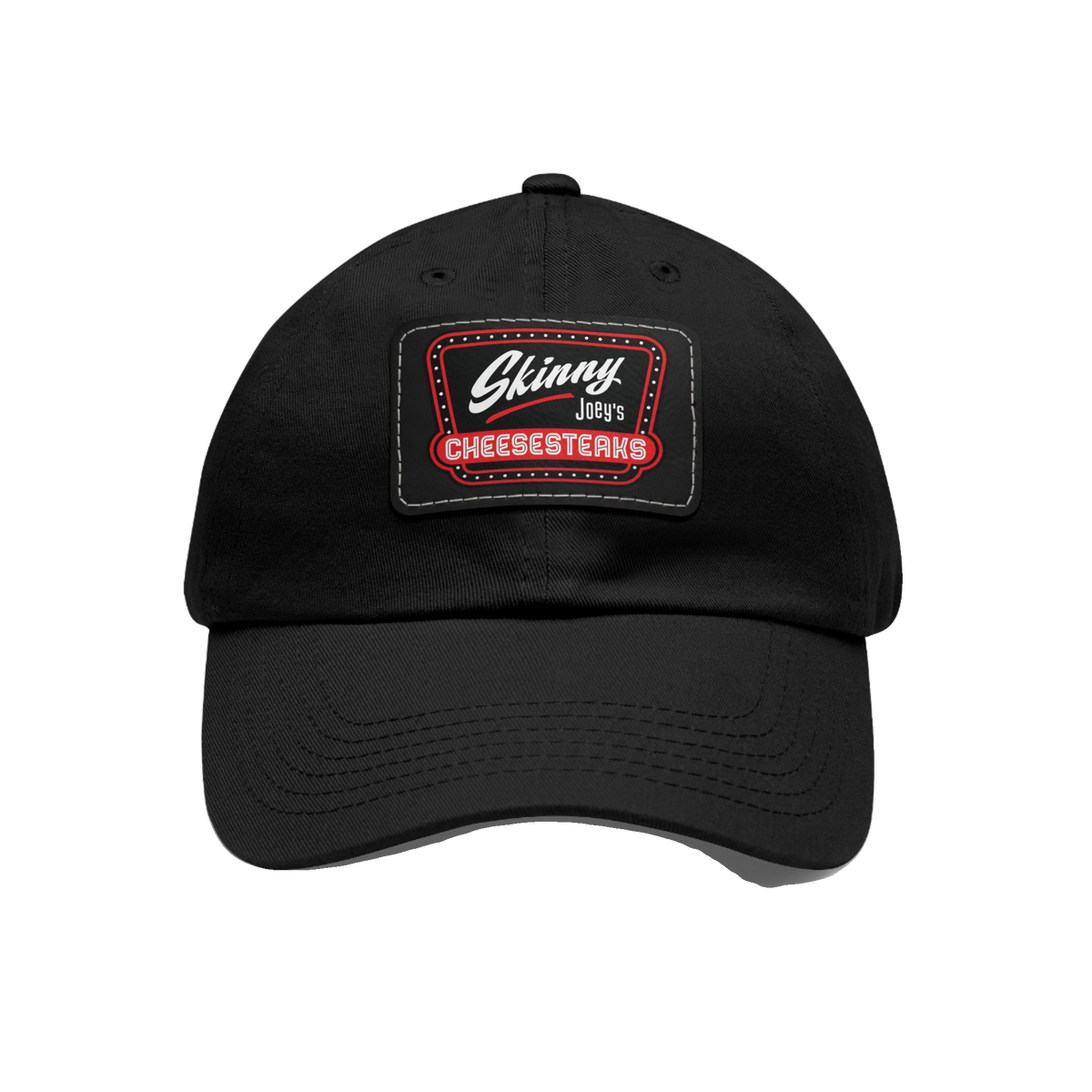 Skinny Joey leather patch dad hat in black and black patch, Skinny Joey's Cheesesteaks apparel