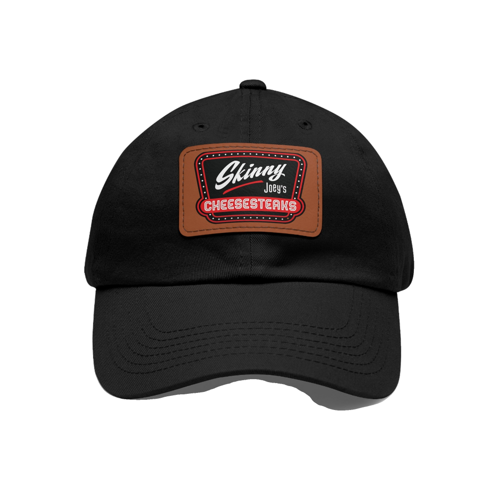 Skinny Joey leather patch dad hat in black and light brown, South Philly streetwear