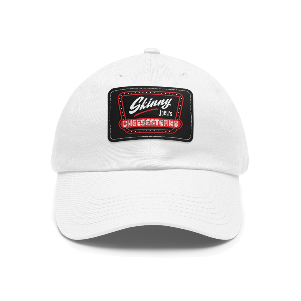 Skinny Joey leather patch dad hat in white and black patch, Philadelphia streetwear