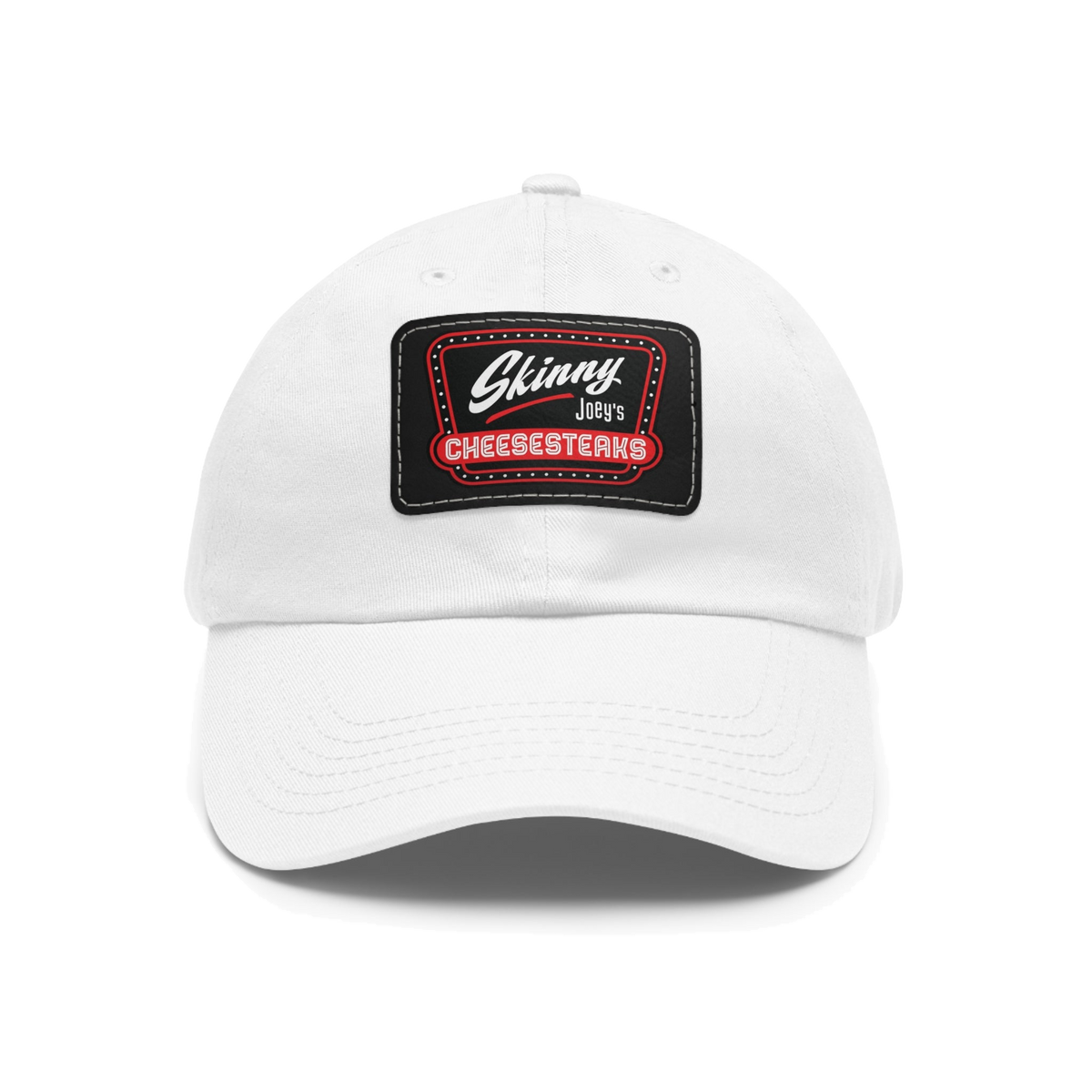 Skinny Joey leather patch dad hat in white and black patch, Philadelphia streetwear