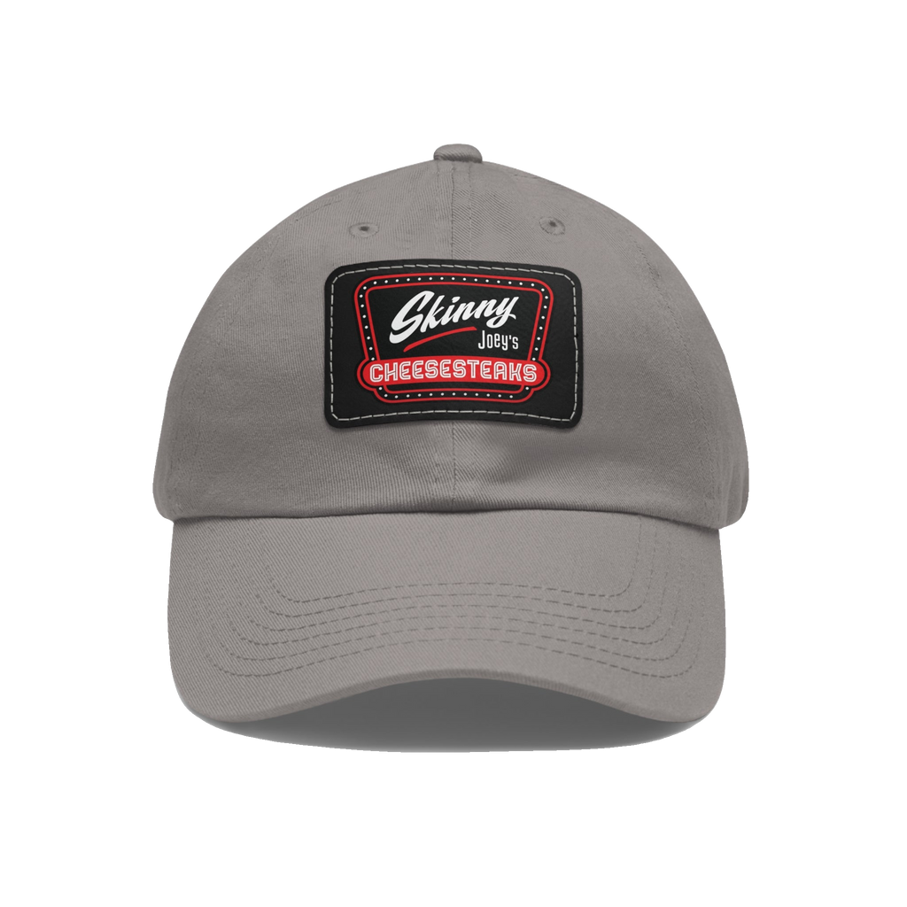 Skinny Joey leather patch dad hat in grey and black patch, The Skinny with Joey Merlino podcast merch