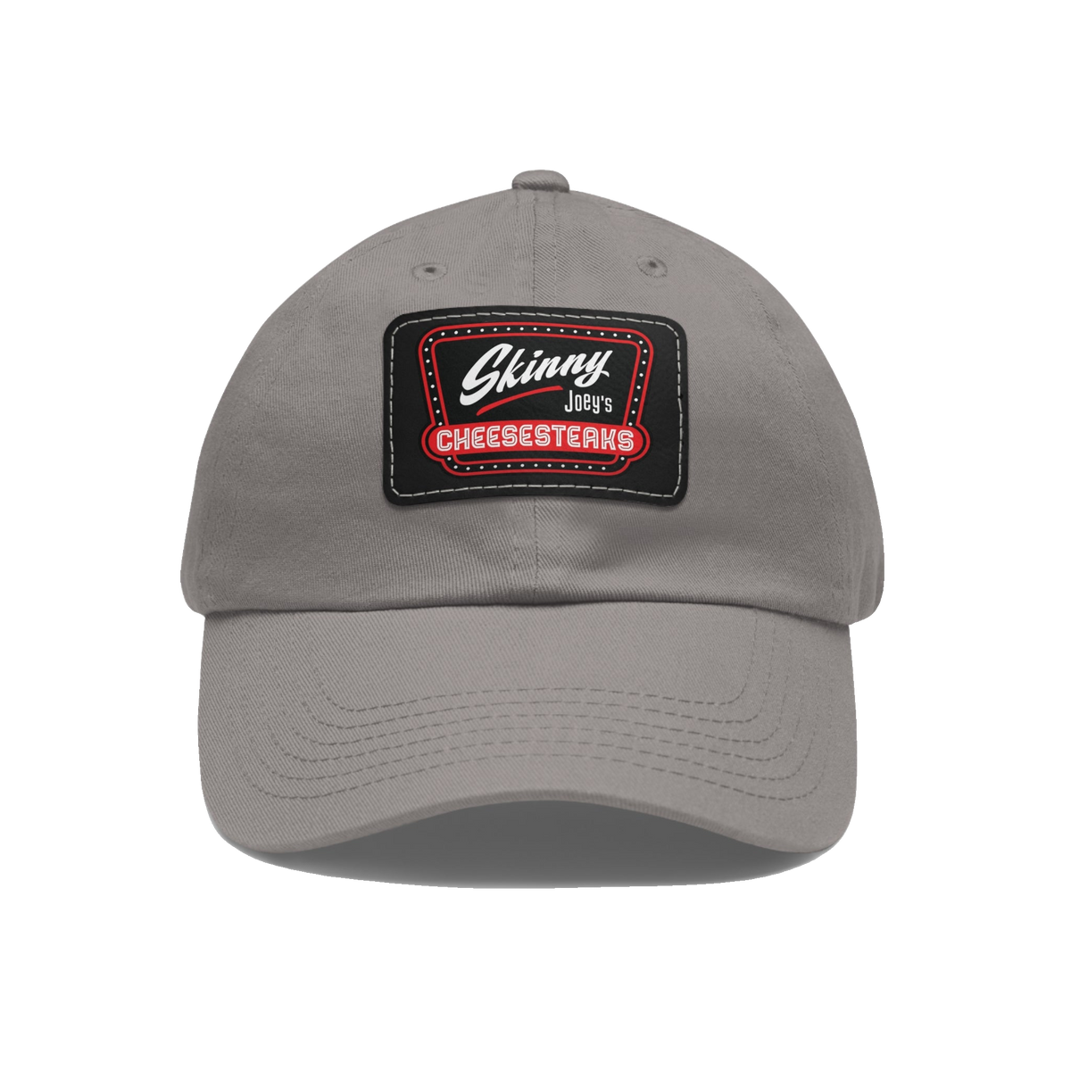 Skinny Joey leather patch dad hat in grey and black patch, The Skinny with Joey Merlino podcast merch