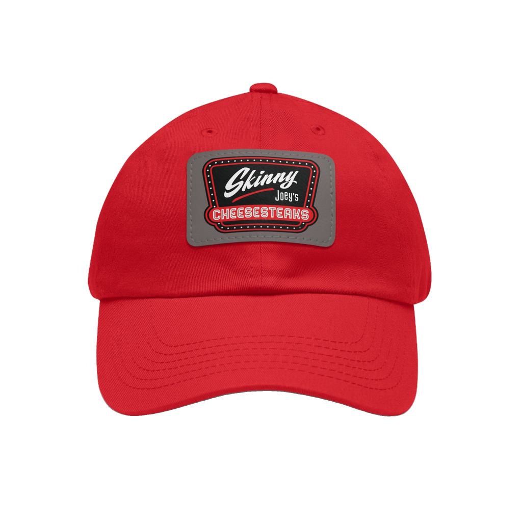 Skinny Joey leather patch dad hat in red and grey patch, Philly culture apparel