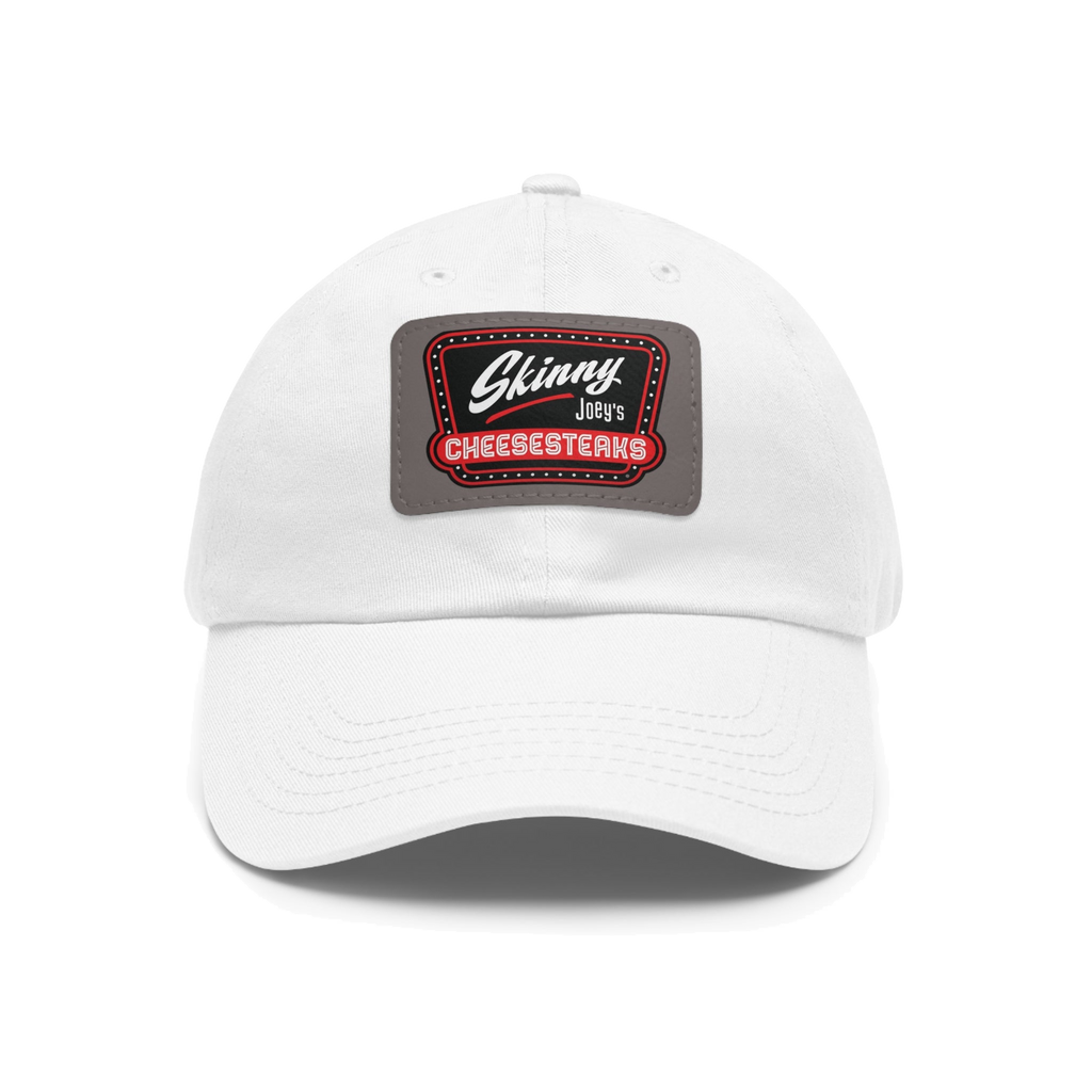 Skinny Joey leather patch dad hat in white and grey patch, The Skinny Podcast with Joey Merlino & Lil Snuff merch