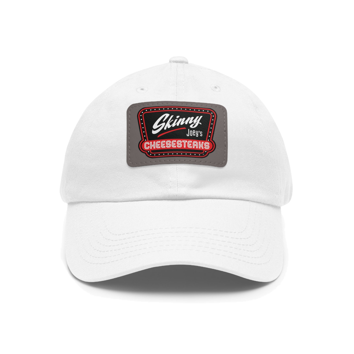 Skinny Joey leather patch dad hat in white and grey patch, The Skinny Podcast with Joey Merlino & Lil Snuff merch