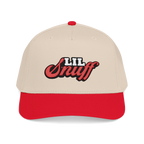 Lil Snuff retro script dad hat in red and natural, The Skinny Podcast with Joey Merlino & Lil Snuff merch