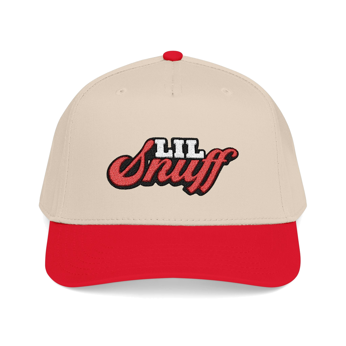 Lil Snuff retro script dad hat in red and natural, The Skinny Podcast with Joey Merlino & Lil Snuff merch