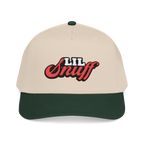 Lil Snuff retro script dad hat in dark green and natural, Skinny Joey's Cheesesteaks apparel
