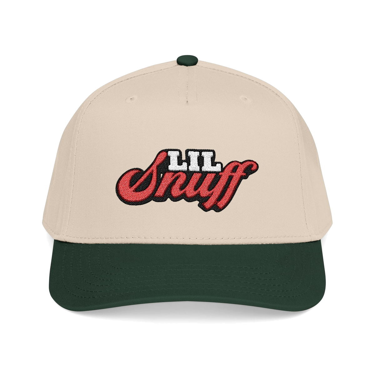 Lil Snuff retro script dad hat in dark green and natural, Skinny Joey's Cheesesteaks apparel