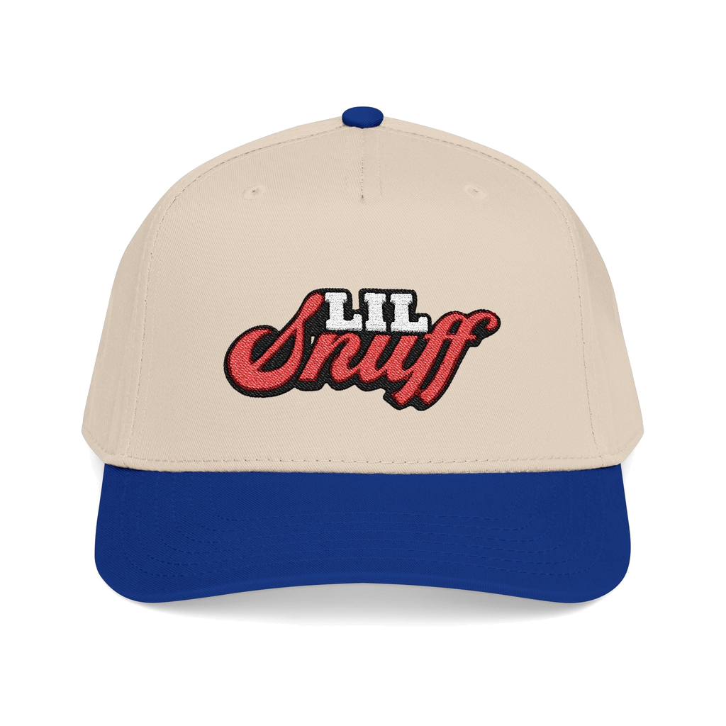 Lil Snuff retro script dad hat in royal and natural, South Philly streetwear