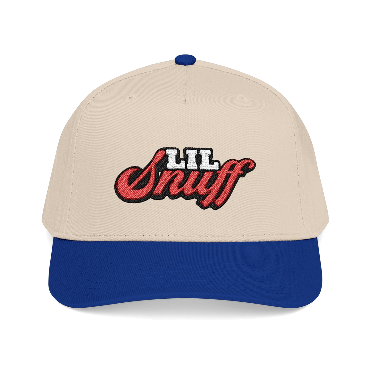 Lil Snuff retro script dad hat in royal and natural, South Philly streetwear