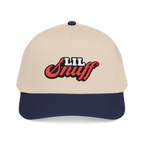 Beige and navy cap with 'LIL Snuff' text on a white background