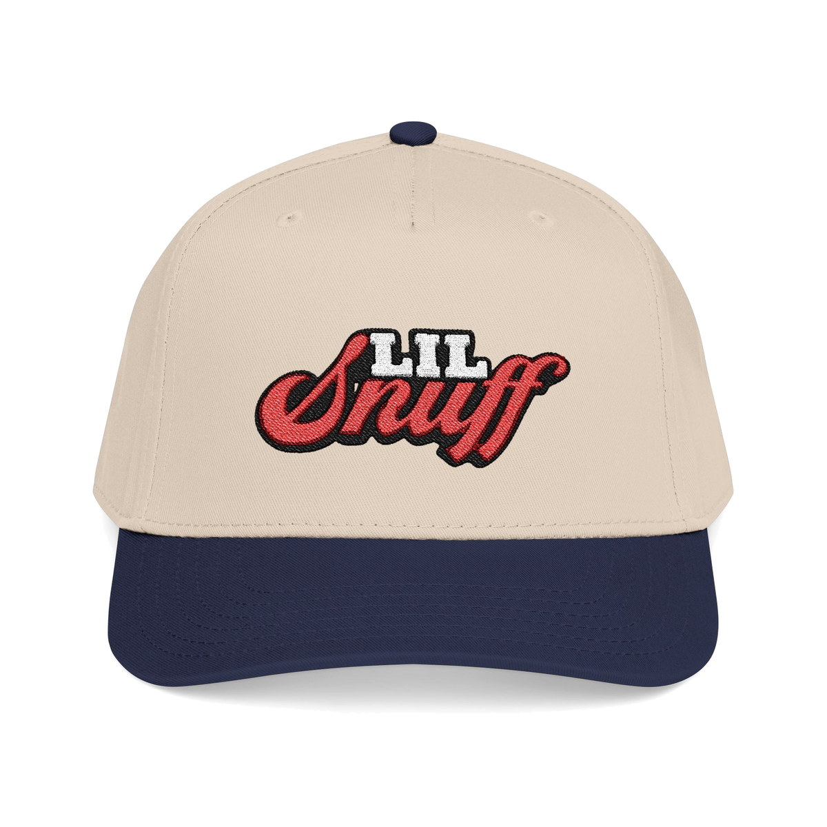 Beige and navy cap with 'LIL Snuff' text on a white background