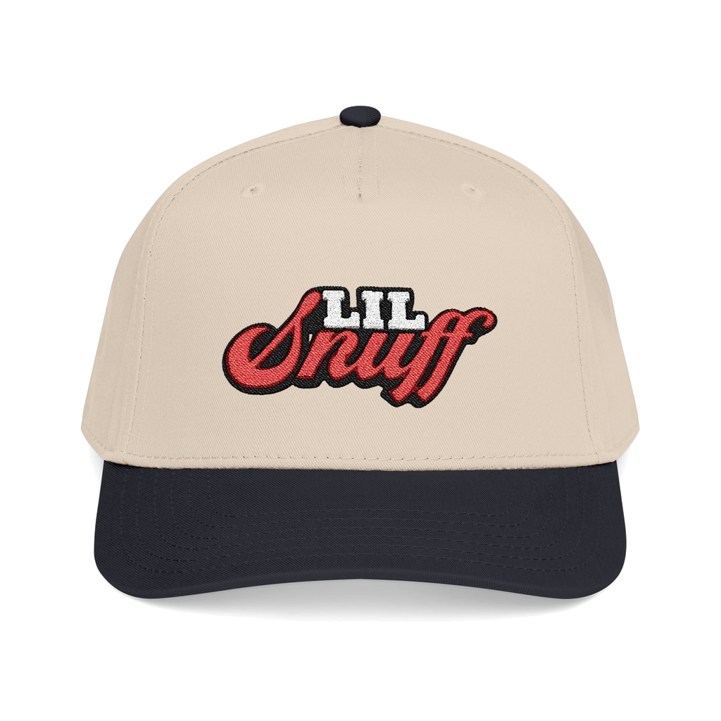 Lil Snuff retro script dad hat in black and natural, The Skinny with Joey Merlino podcast merch