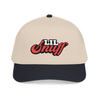 Lil Snuff retro script dad hat in black and natural, The Skinny with Joey Merlino podcast merch