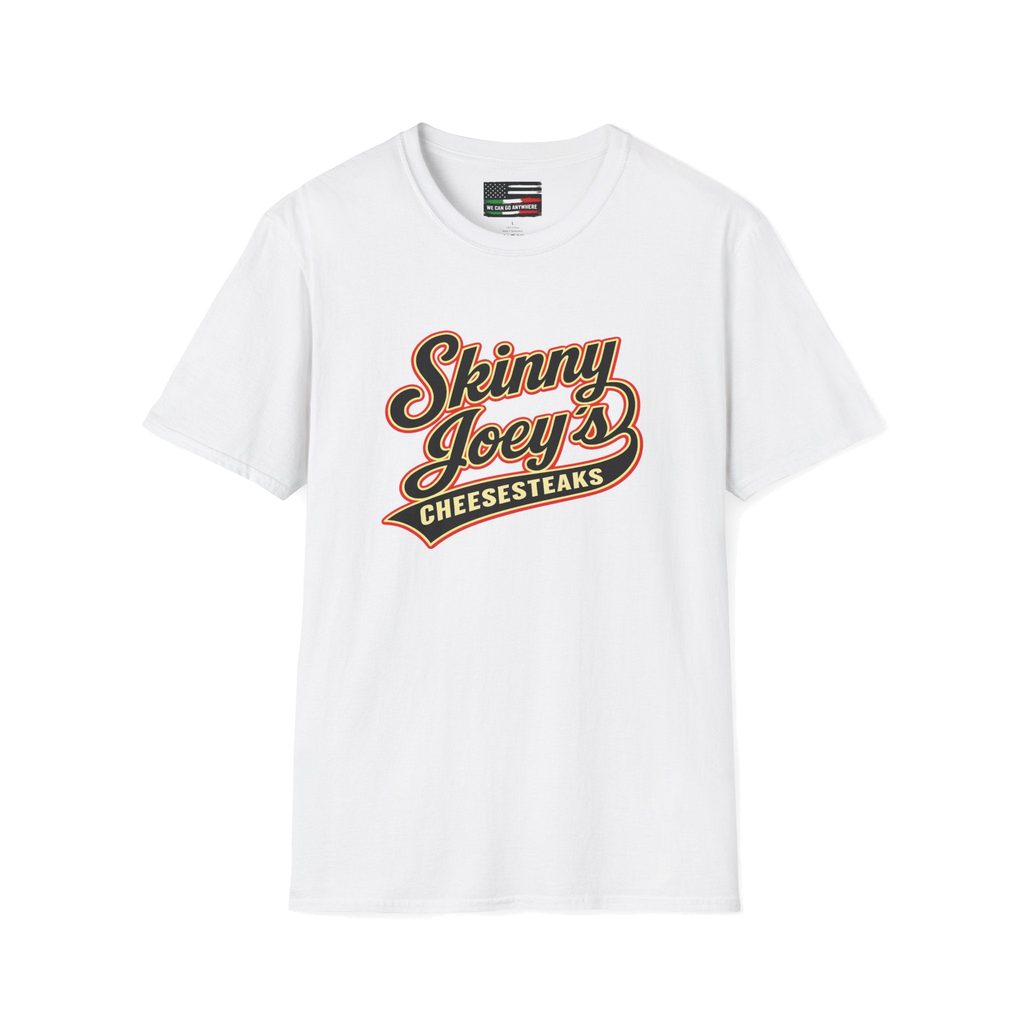 Skinny Joey's retro logo graphic tee in white, The Skinny with Joey Merlino podcast merch