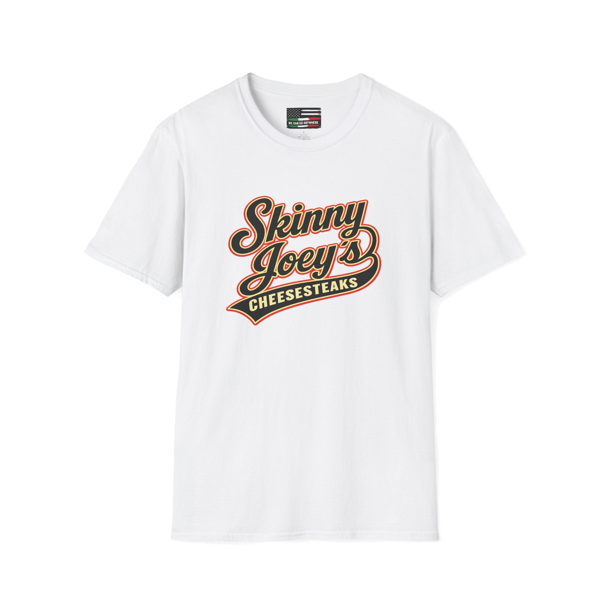 Skinny Joey's retro logo graphic tee in white, The Skinny with Joey Merlino podcast merch