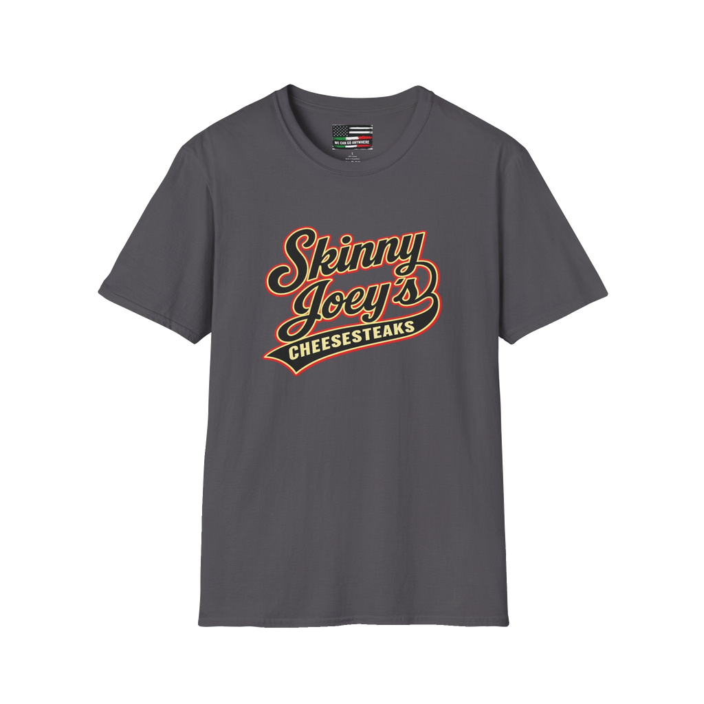 Skinny Joey's retro logo graphic tee in charcoal, Skinny Joey's Cheesesteaks apparel