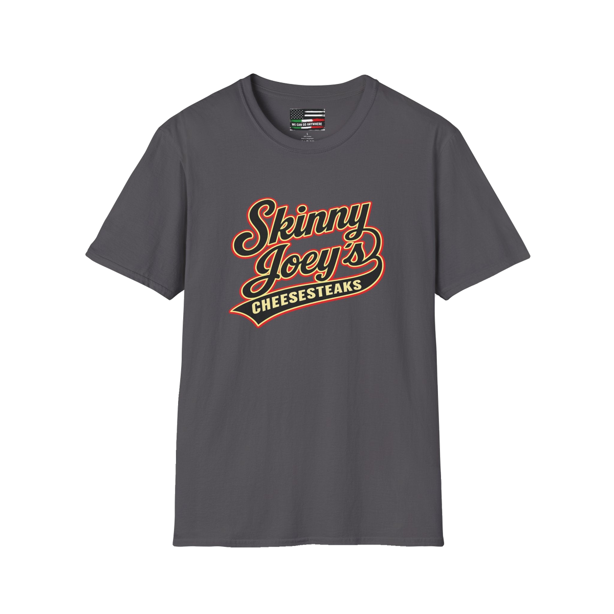 Skinny Joey's retro logo graphic tee in charcoal, Skinny Joey's Cheesesteaks apparel